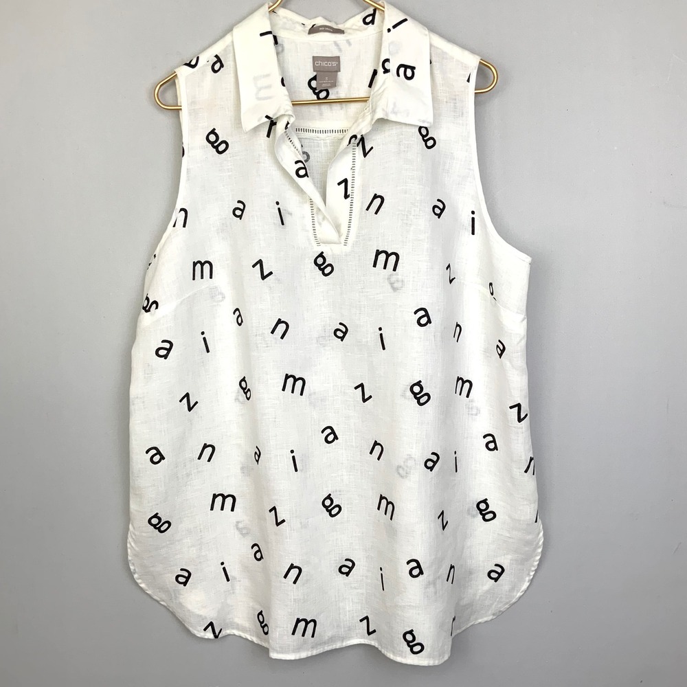 Chicos Sz 3/XL 100% Linen White Sleeveless Letters Artsy Fun Teacher Top AMAZING